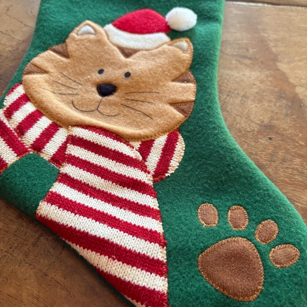 Preferred Products Good Kitty Christmas‎ Stocking Green Felt Ginger Cat Applique